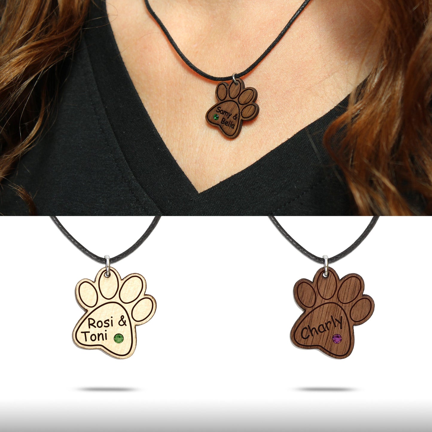 Halskette "Pfote ohne Kralle" personalisiert, Glitzerstein - Nanino Design Onlineshop -