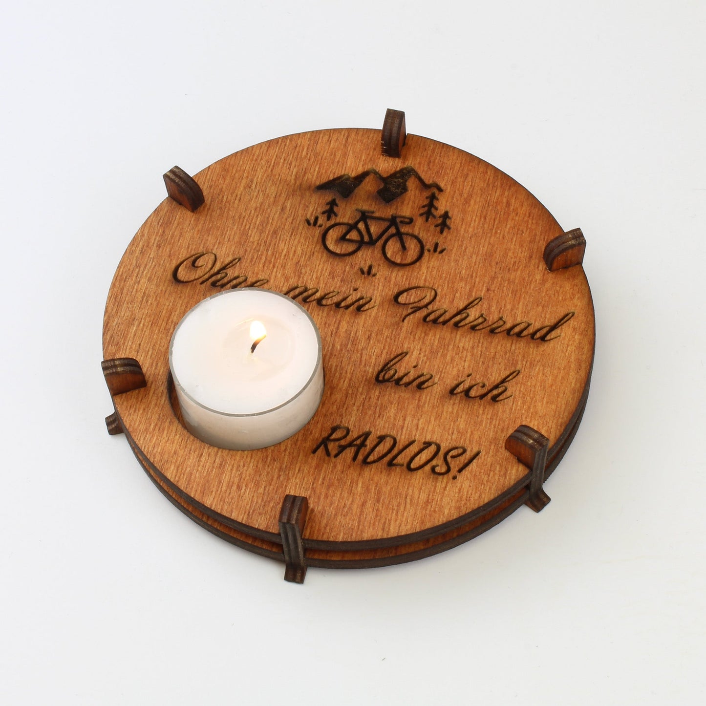 Teelichthalter Spruch "Radlos", Holz - Nanino Design Onlineshop -