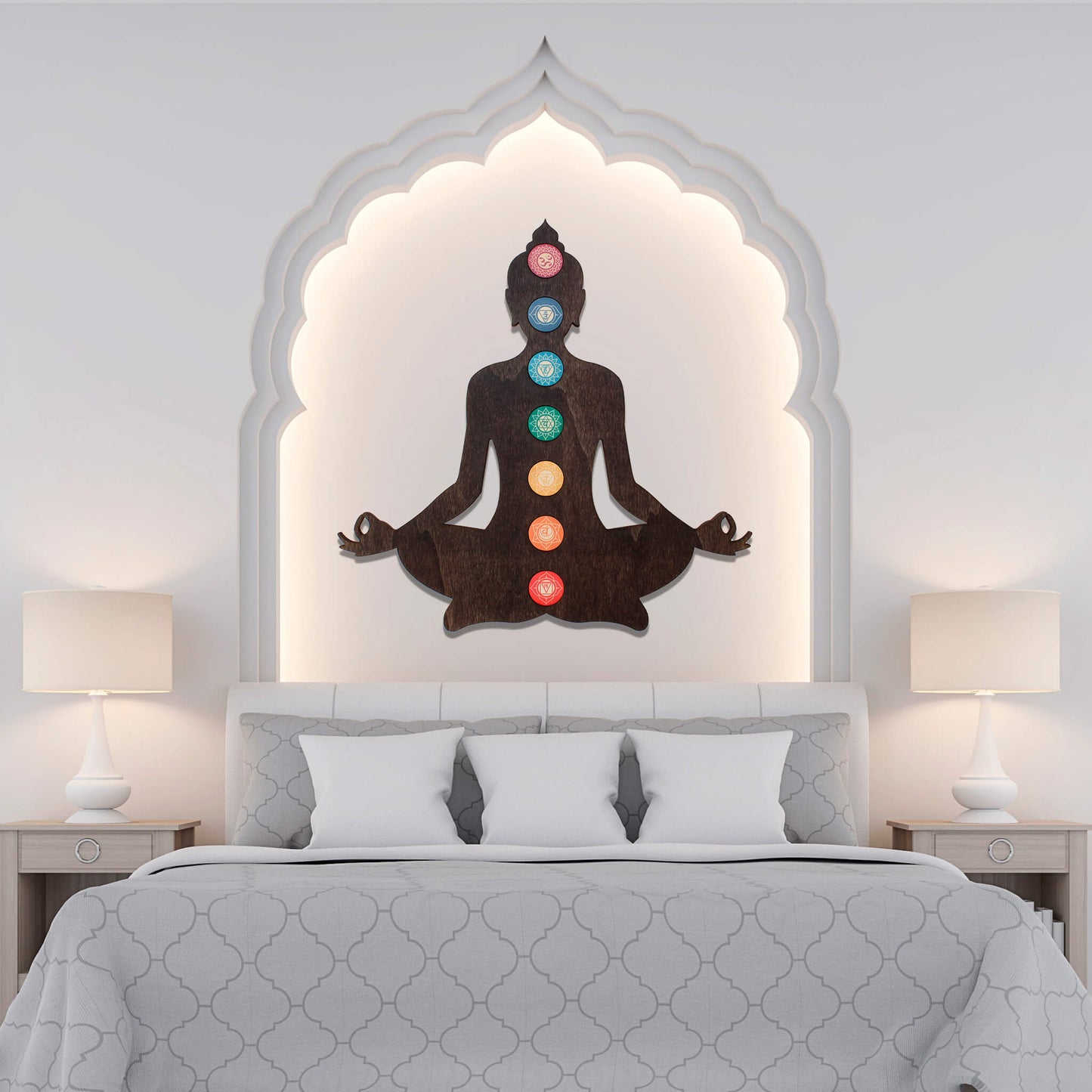 Wandbild Holz "Meditierender Buddha mit 7 Chakren" - Nanino Design Onlineshop -