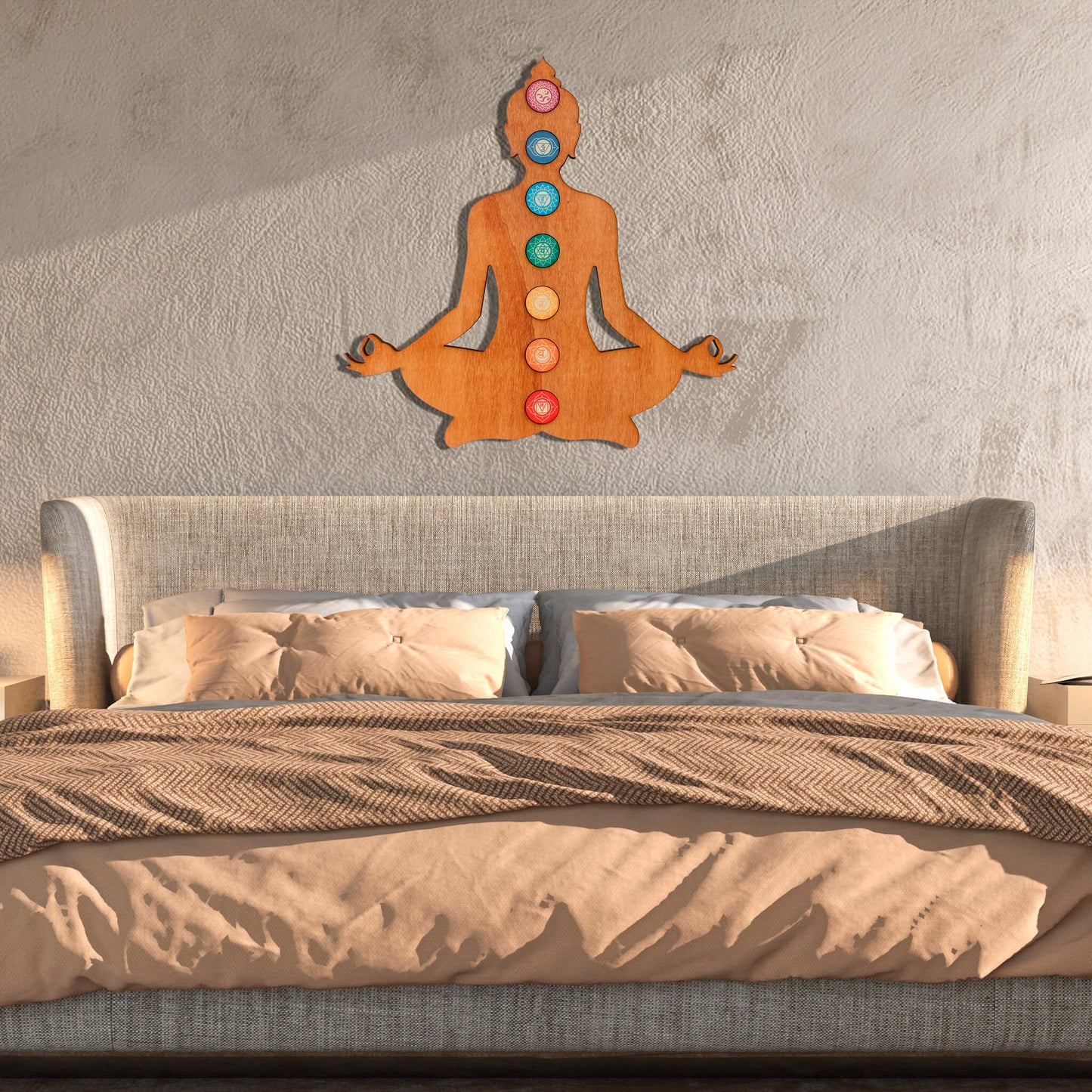 Wandbild Holz "Meditierender Buddha mit 7 Chakren" - Nanino Design Onlineshop -