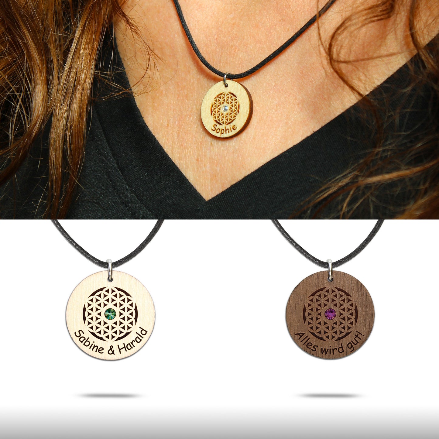 Halskette "Blume des Lebens" personalisiert, Glitzerstein - Nanino Design Onlineshop -