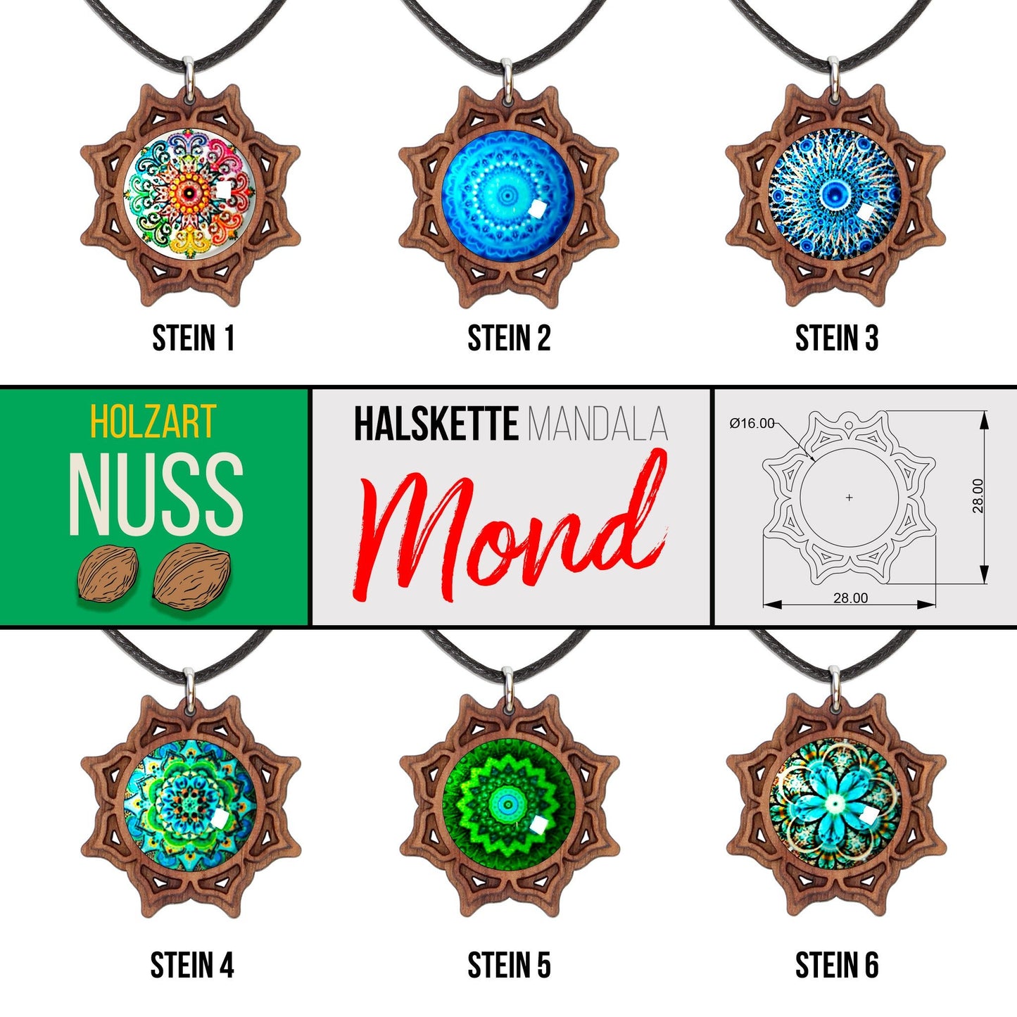 Halskette Mandala "Mond" aus Holz mit Glasstein - Nanino Design Onlineshop -