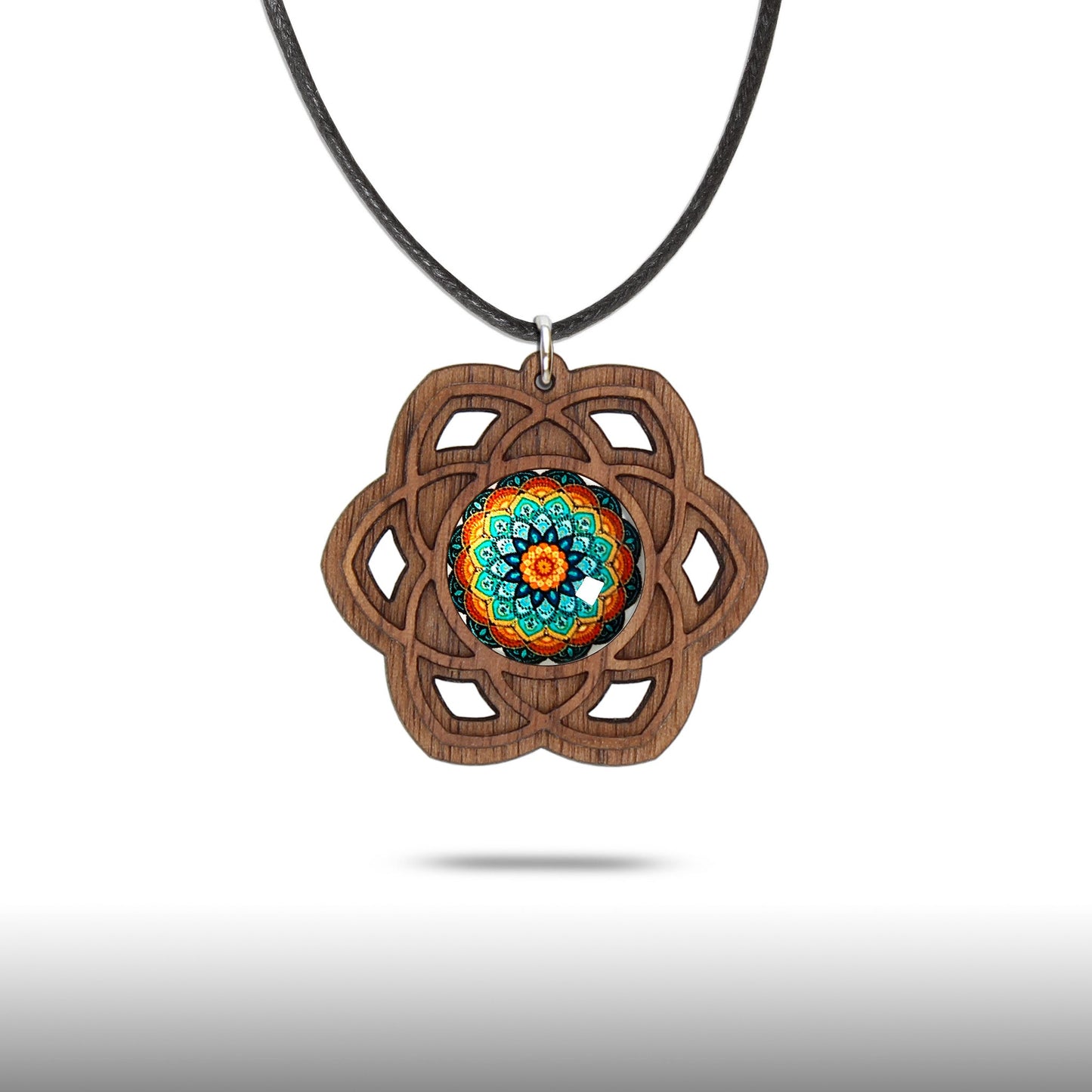 Halskette Mandala "Saturn" groß aus Holz mit Glasstein - Nanino Design Onlineshop -