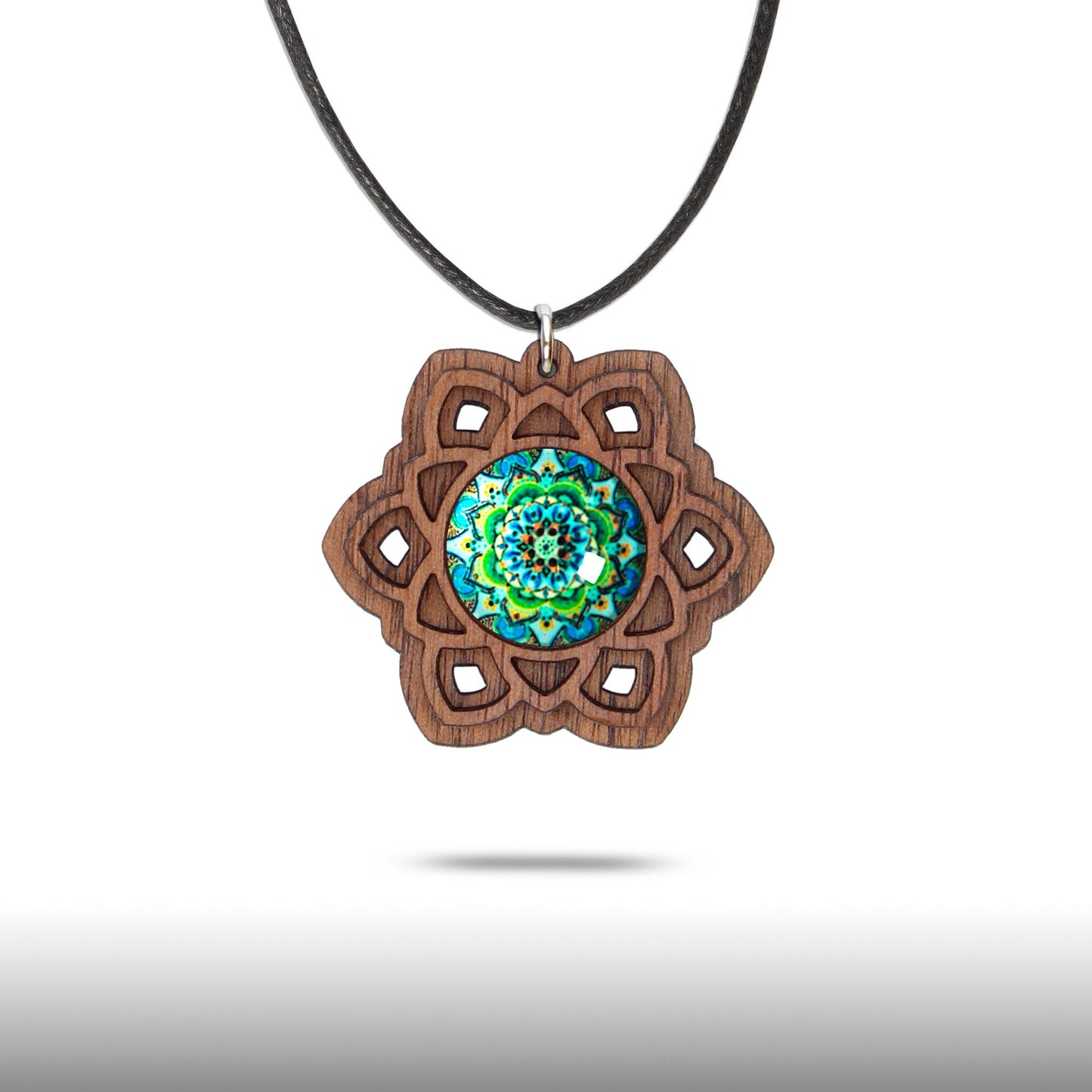 Halskette Mandala "Sonne" groß aus Holz mit Glasstein - Nanino Design Onlineshop -