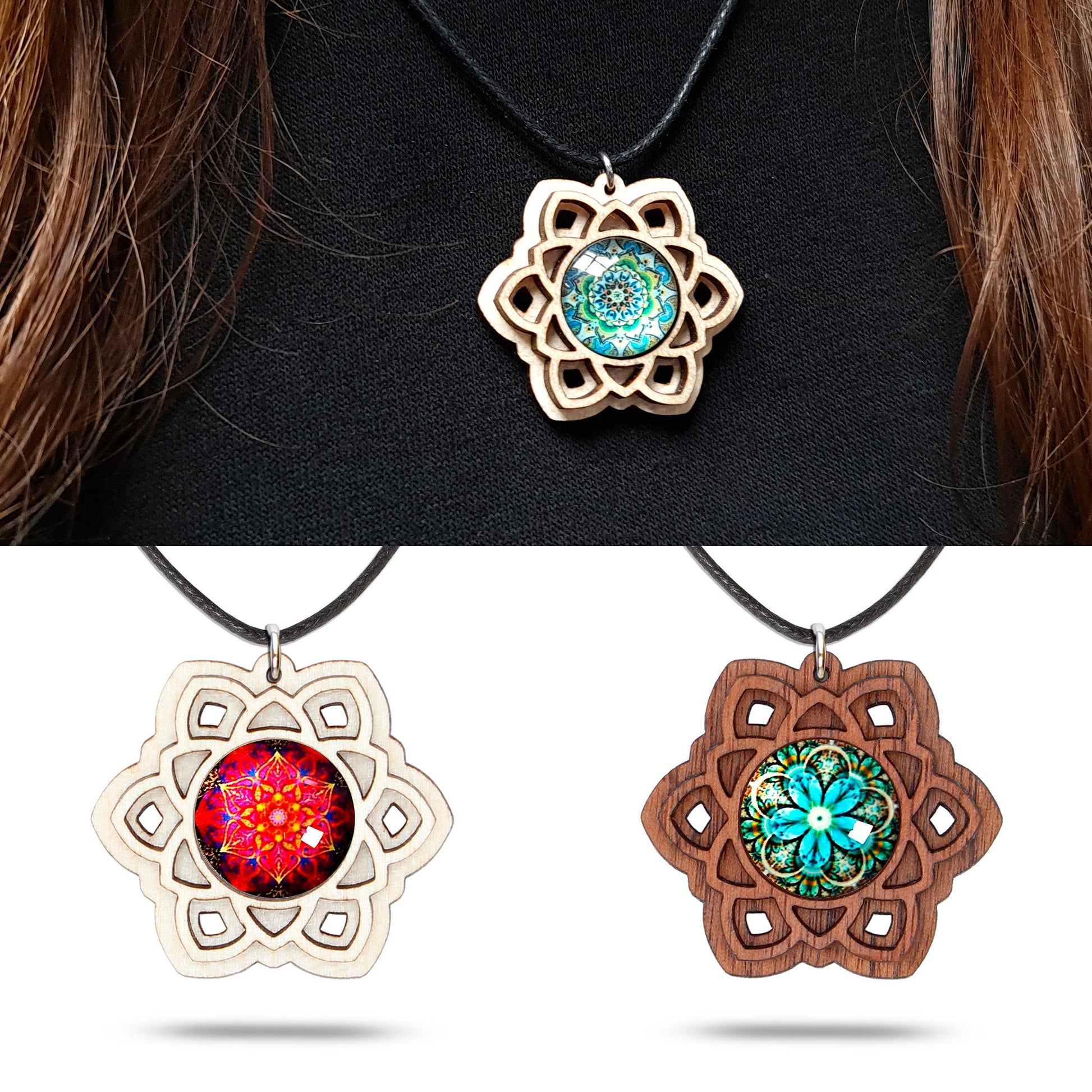 Halskette Mandala "Sonne" groß aus Holz mit Glasstein - Nanino Design Onlineshop -