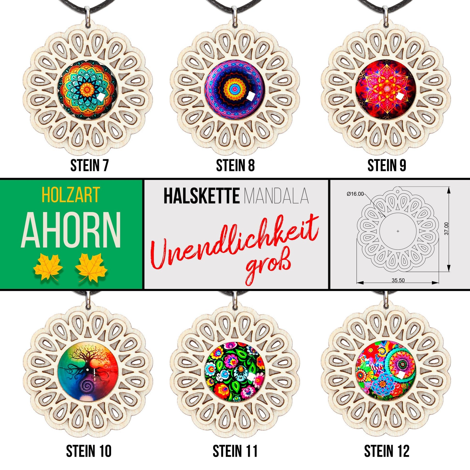 Halskette Mandala "Unendlichkeit" groß aus Holz mit Glasstein - Nanino Design Onlineshop -