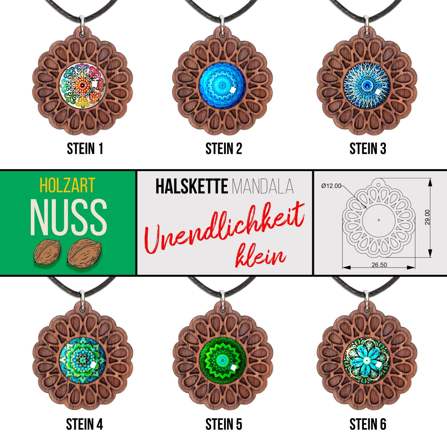 Halskette Mandala "Unendlichkeit" klein aus Holz mit Glasstein - Nanino Design Onlineshop -