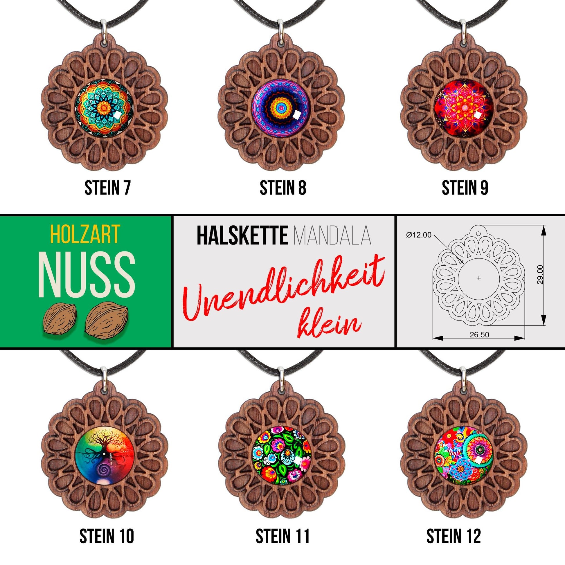 Halskette Mandala "Unendlichkeit" klein aus Holz mit Glasstein - Nanino Design Onlineshop -