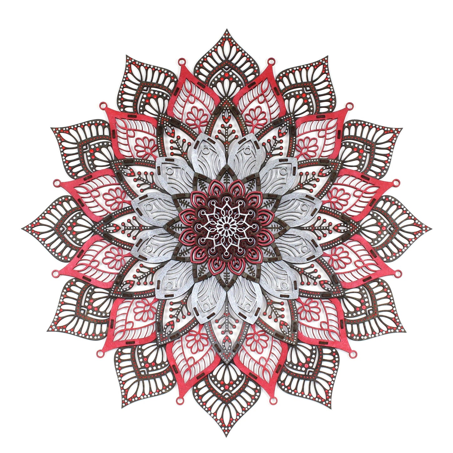 Wandbild Holz "Mandala Rot Silber mit Punktmalerei" 8-lagig, 80cm EINZELSTÜCK - Nanino Design Onlineshop -