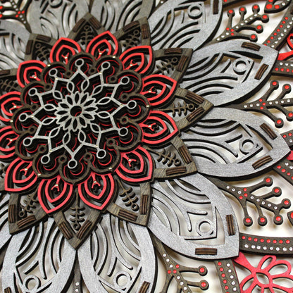 Wandbild Holz "Mandala Rot Silber mit Punktmalerei" 8-lagig, 80cm EINZELSTÜCK - Nanino Design Onlineshop -