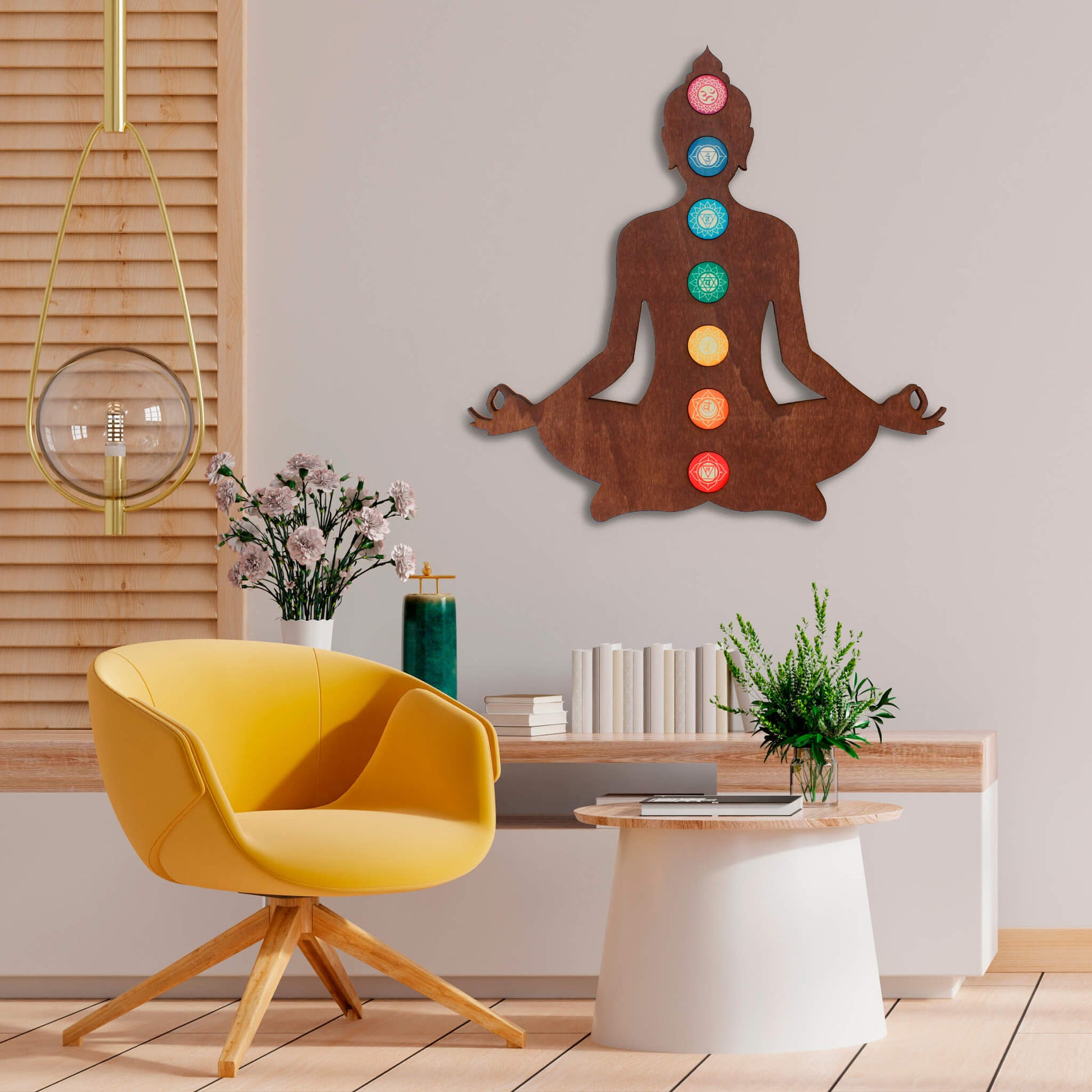 Wandbild Holz "Meditierender Buddha mit 7 Chakren" - Nanino Design Onlineshop -