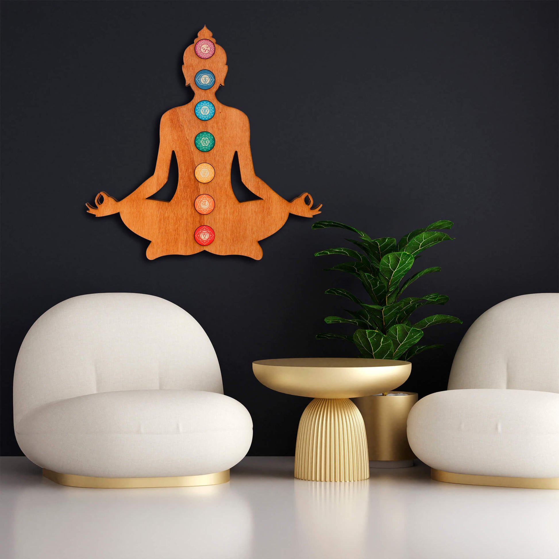 Wandbild Holz "Meditierender Buddha mit 7 Chakren" - Nanino Design Onlineshop -